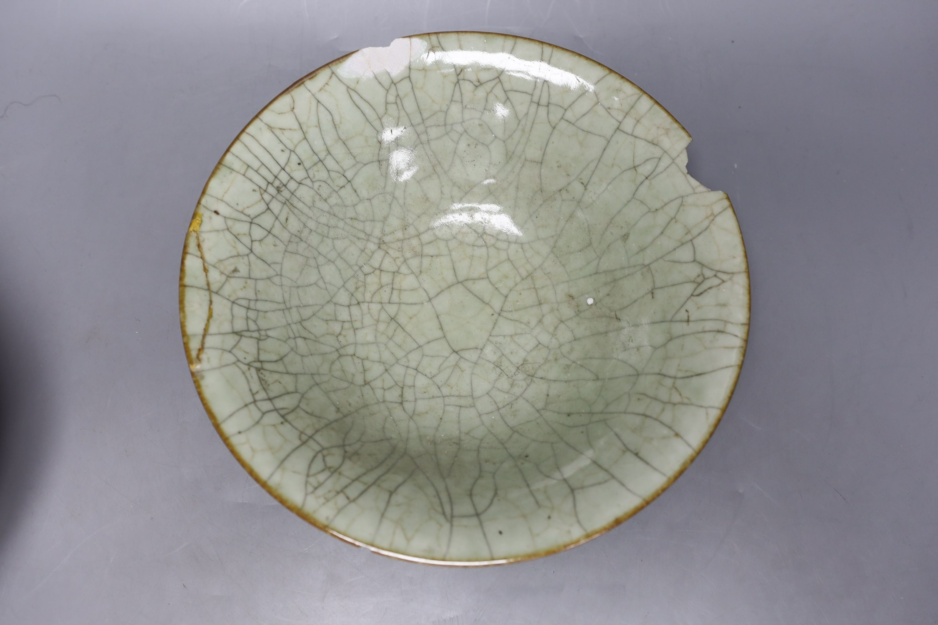 A Chinese Jian type ginger jar and a crackle glazed celadon bowl, 28cm diameter